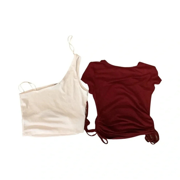 Ribbed Crop Tops Size Medium White & Burgundy. Preloved - Picture 2 of 3